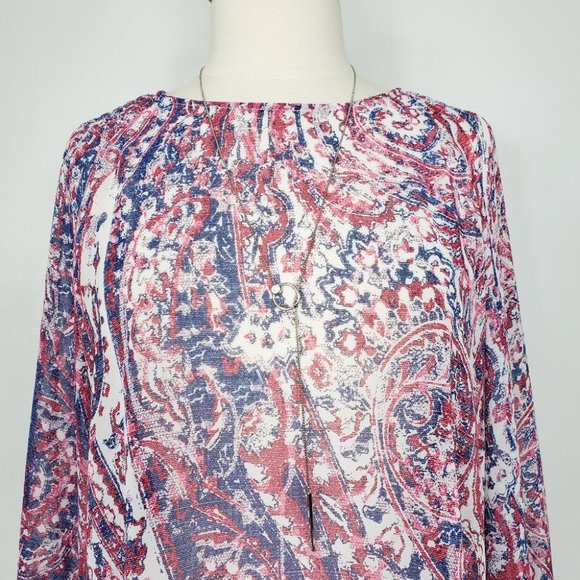 Belle & Sky Blue Red Cream Semi Sheer Pullover Top w/Shirring, L - Picture 2 of 10